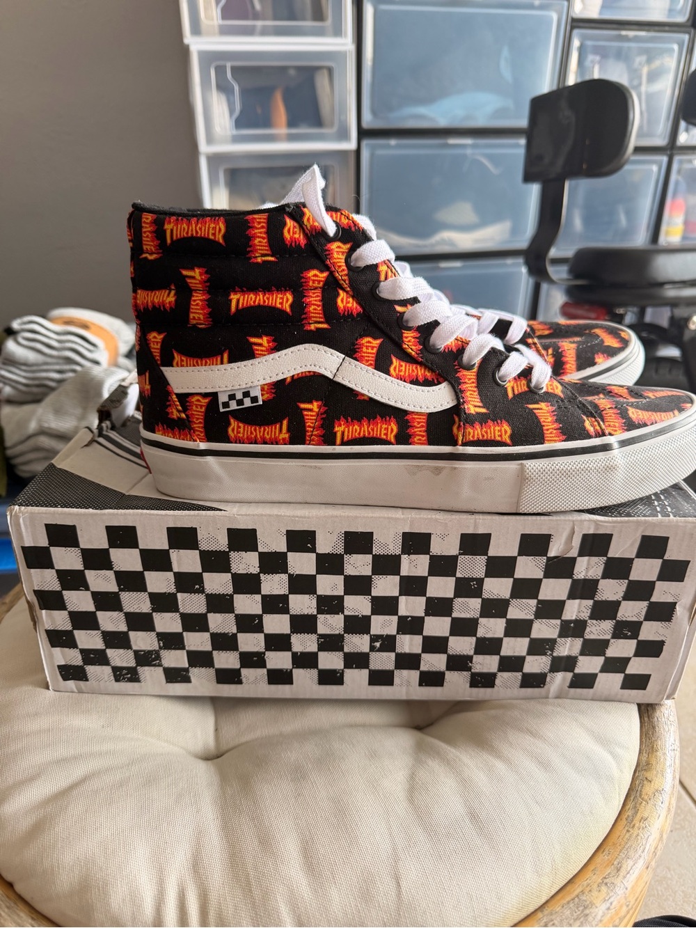 Vans Thrasher High-Top Sneakers Black with Orange Flame Print
